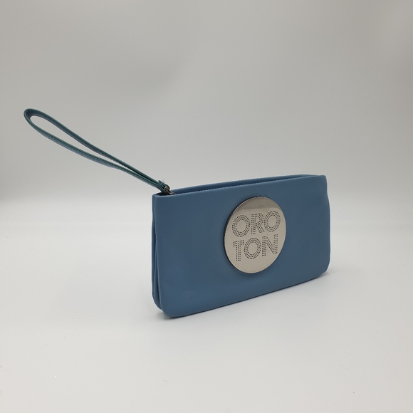 EXTRA 30% OFF🖤 Oroton Dusty Blue Leather Silver Logo Zip Top Pouch Wrislet - Picture 2 of 15